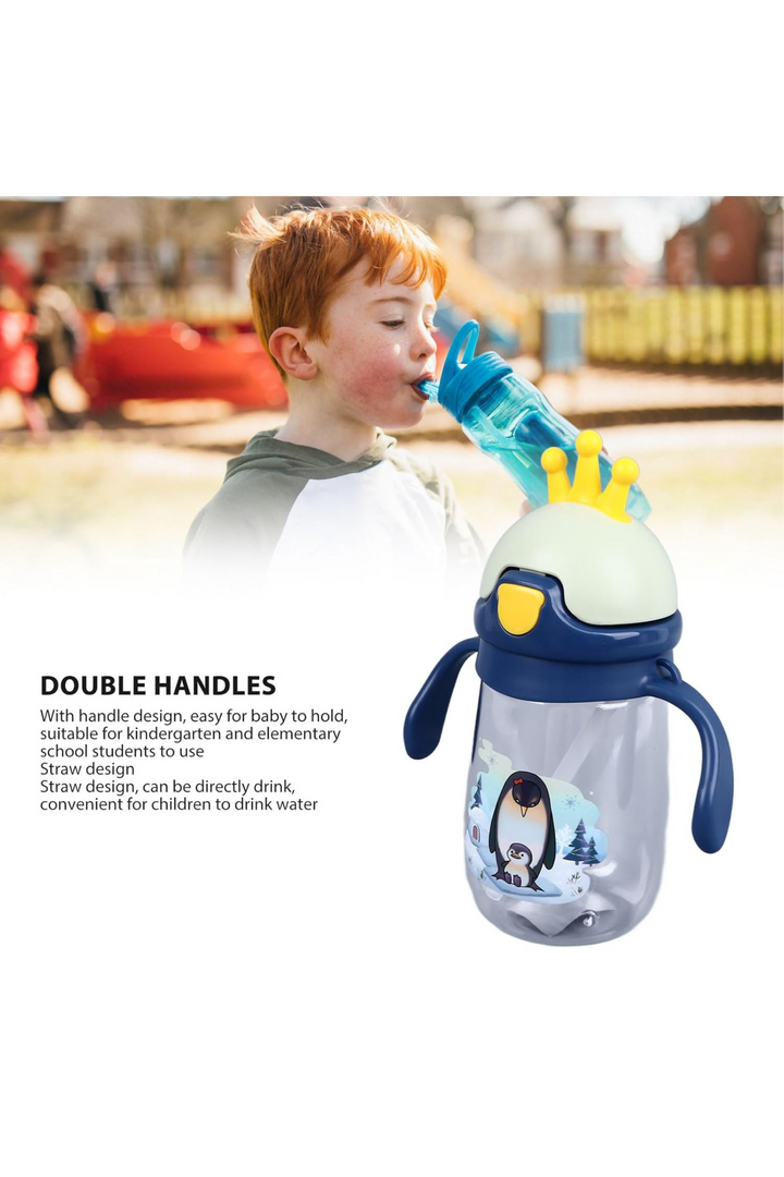 350ml Toddler Drinking Cup with Straw and Handle showing double handles and penguin cartoon design, perfect for kids.