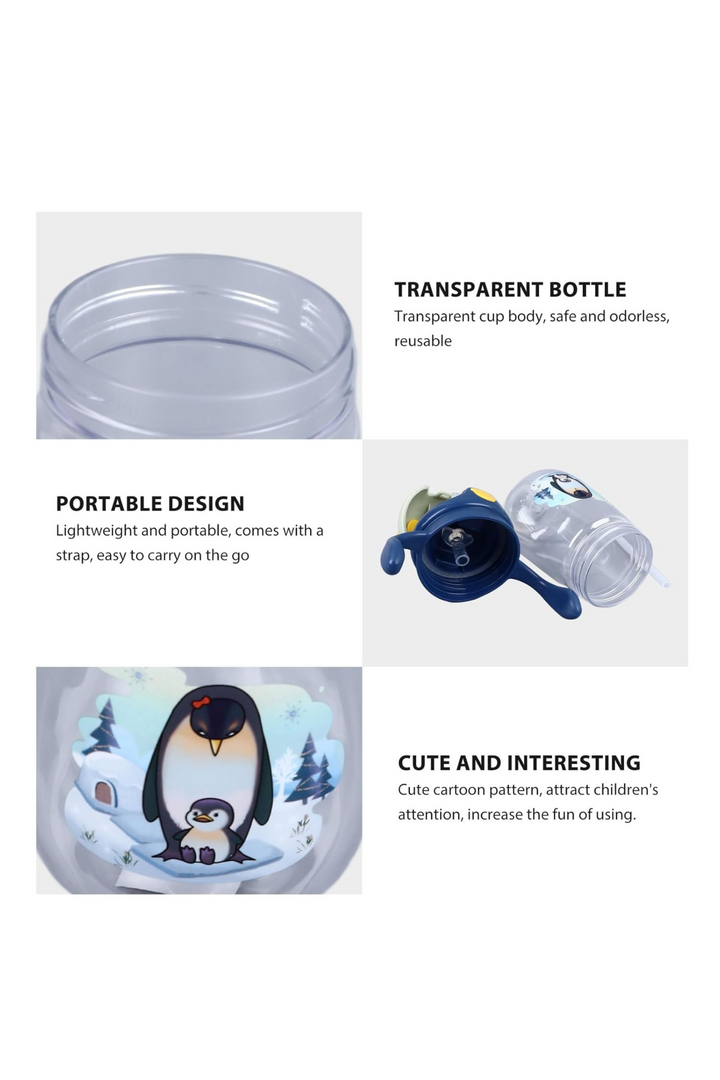 350ml Toddler Drinking Cup with Straw and Handle featuring transparent body, cute penguin print, and portable strap.