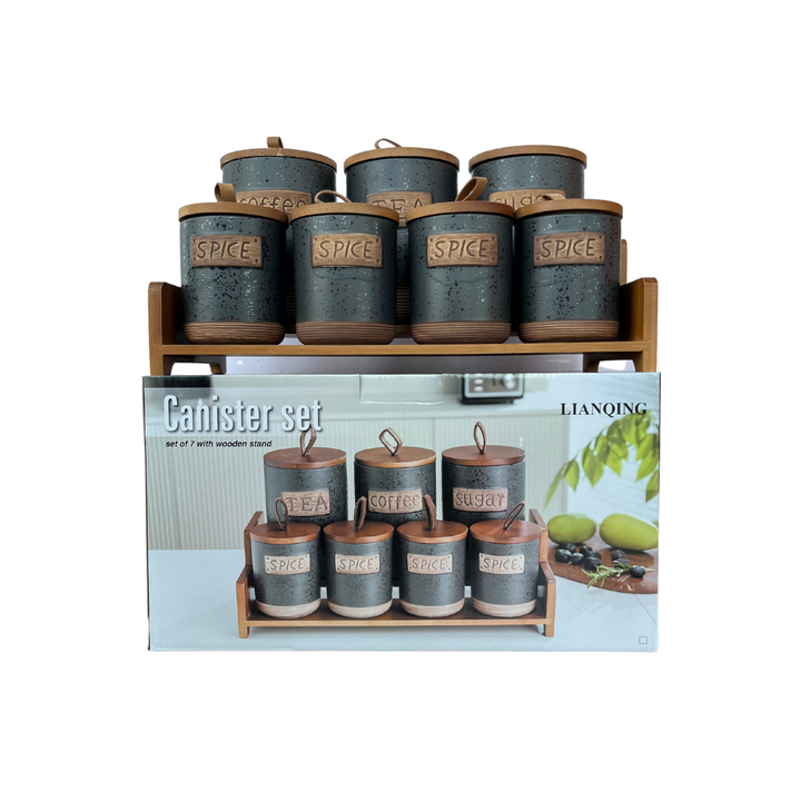7 Piece Canister Set For Spices Tea Coffee Sugar Container with Wooden Bamboo Tray Stand