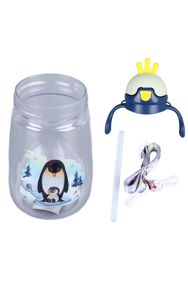 350ml Toddler Drinking Cup with Straw and Handle featuring penguin design, leakproof and kid-friendly with strap and handles