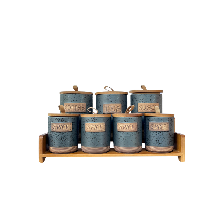 7 Piece Canister Set For Spices Tea Coffee Sugar Container with Wooden Bamboo Tray Stand
