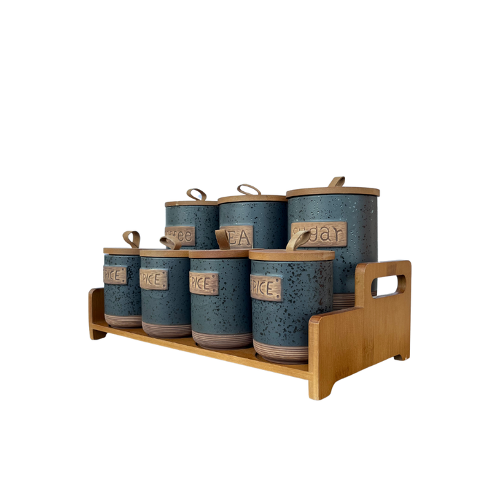 7 Piece Canister Set For Spices Tea Coffee Sugar Container with Wooden Bamboo Tray Stand