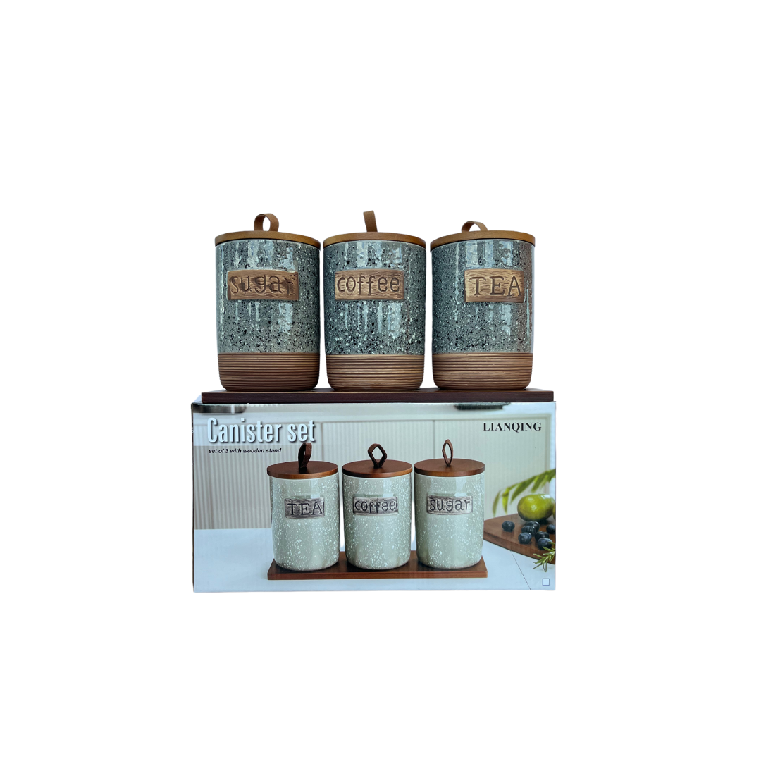 3 Piece Canister Set For Tea Coffee Sugar Container with Wooden Bamboo Tray Stand