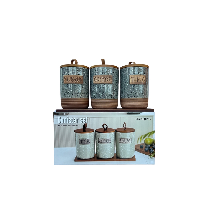 3 Piece Canister Set For Tea Coffee Sugar Container with Wooden Bamboo Tray Stand