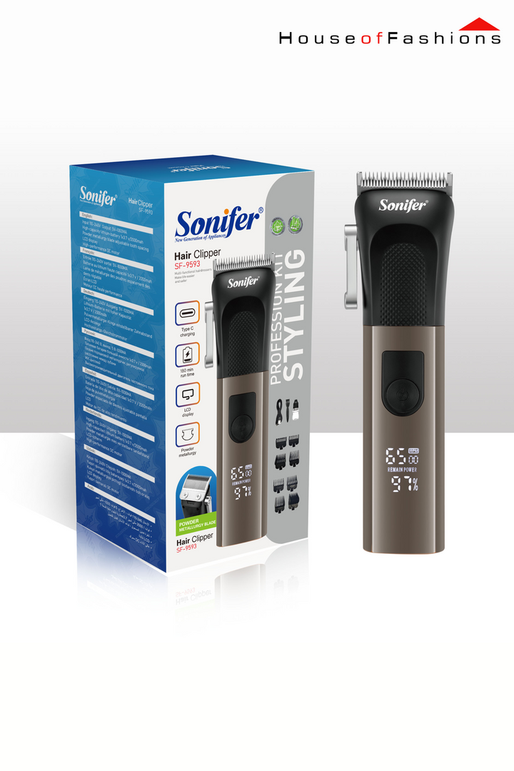 Sonifer SF-9593 Professional Hair Shaver – LCD Display | 2000mAh Battery | Adjustable Blade | Type-C Charging