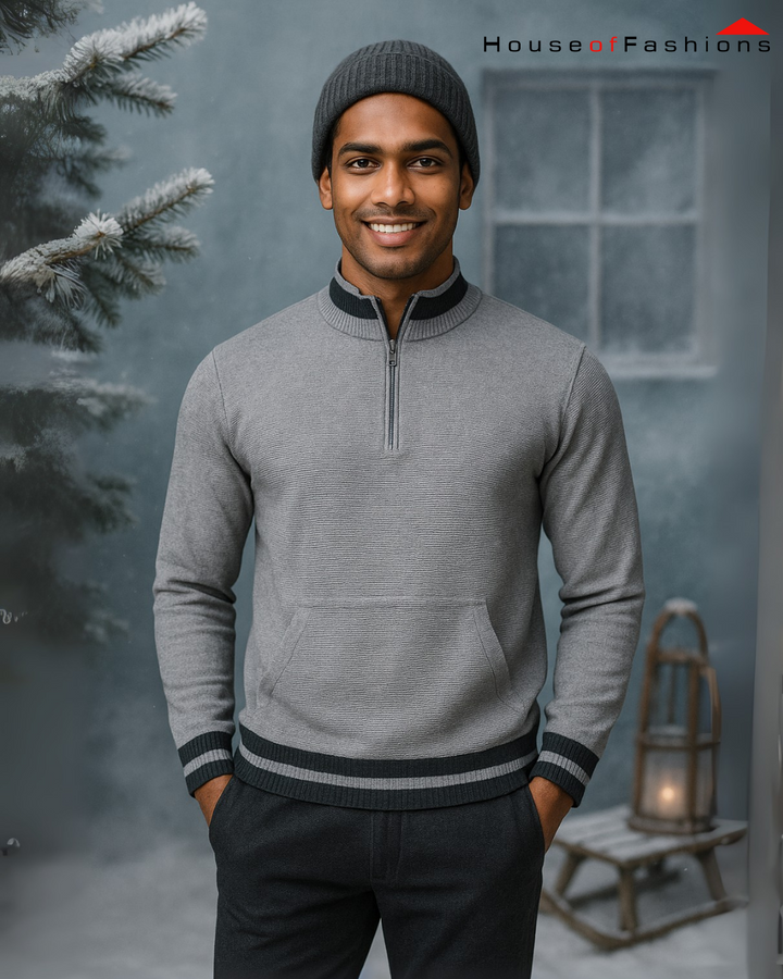 Half Zip Pullover Sweater, Ribbed Neckline & Logo Detailing Sweater