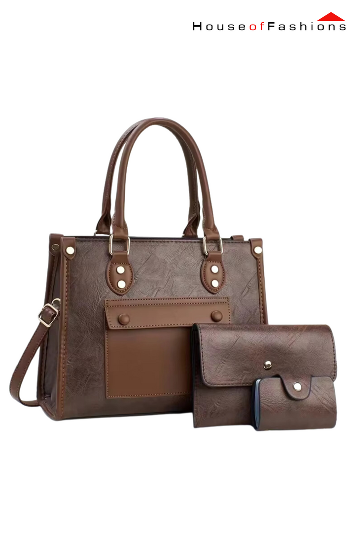 Retro Woman Handbags High Quality Leather Woman Bag 3pcs Set Large Capacity Woman Handbag with Wallet- Coffee