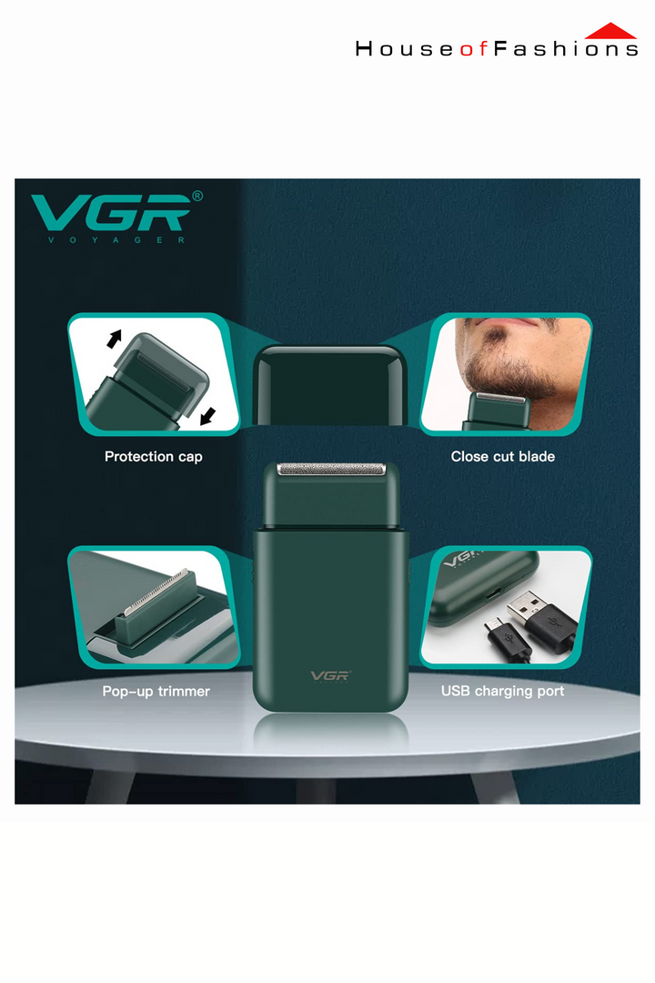 VGR V-390 Professional Electric Ultra Thin Shaver Rechargeable Razor for Face Care Beard Trimmer Reciprocating Blade with USB Travel Shaver, Men's Electric Razor, Electric Shaver - Green