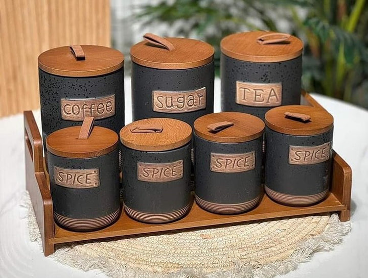 7 Piece Canister Set For Spices Tea Coffee Sugar Container with Wooden Bamboo Tray Stand