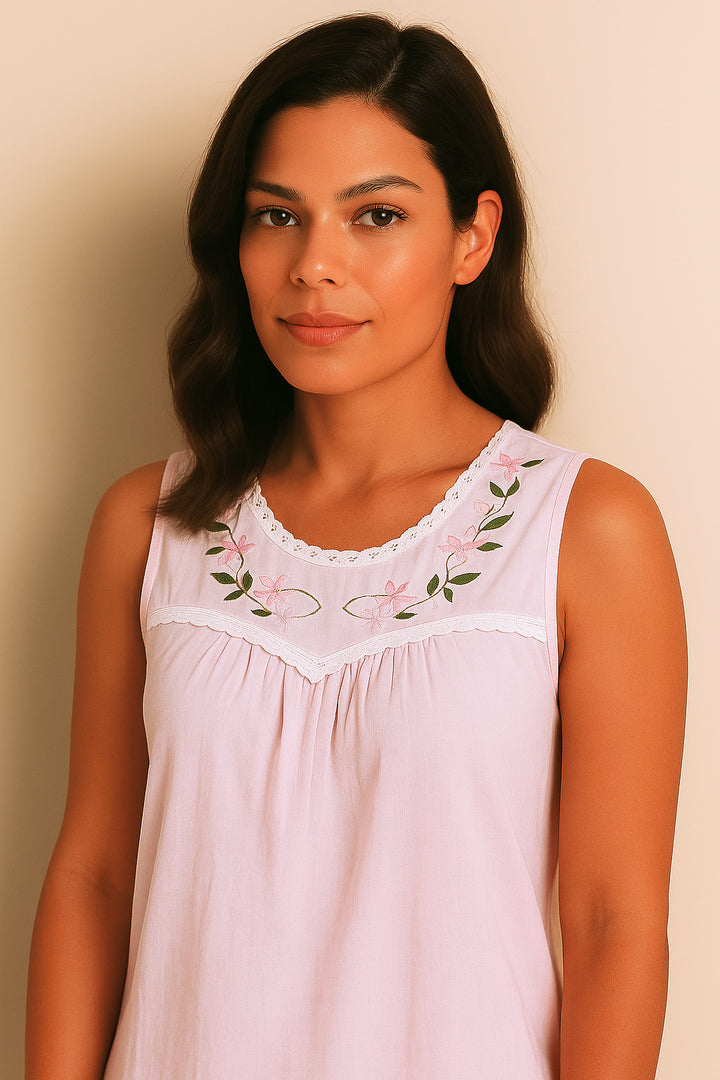 Light Pink Embroidered Sleeveless Cotton Nightdress