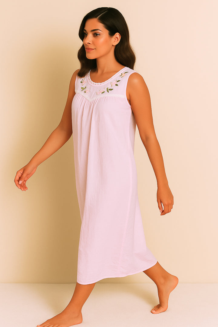 Light Pink Embroidered Sleeveless Cotton Nightdress