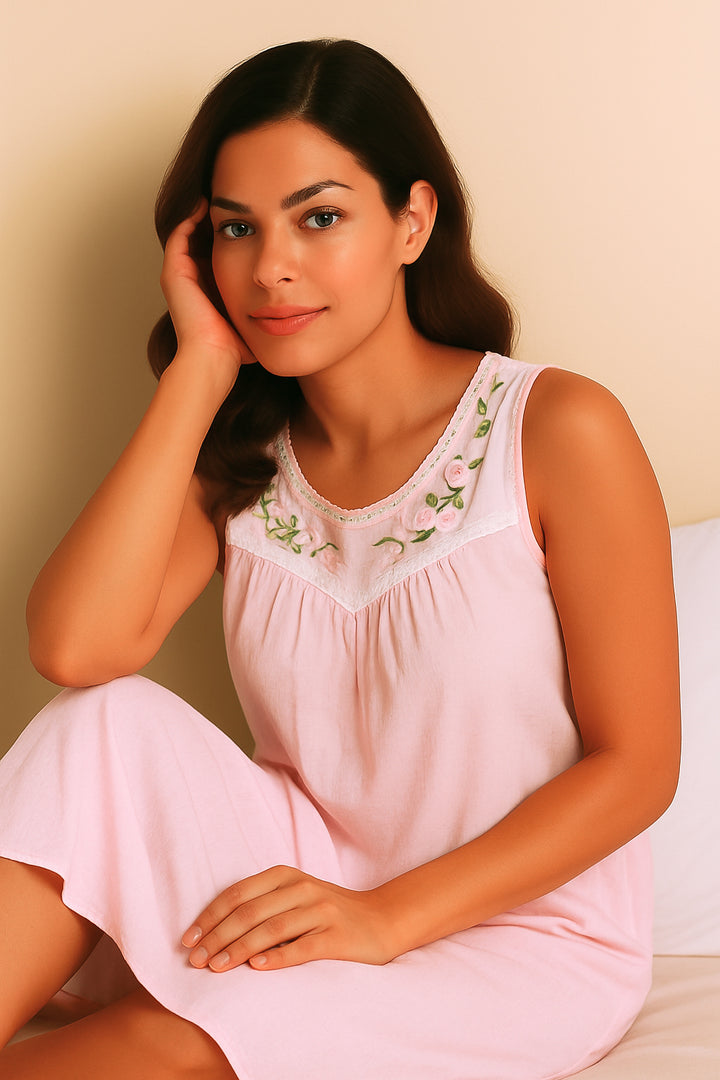 Light Pink Embroidered Sleeveless Cotton Nightdress