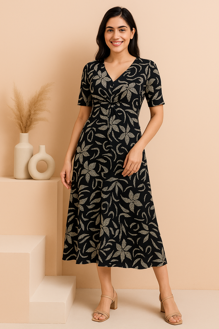 Black & Beige Floral Printed Knot Front Midi Dress