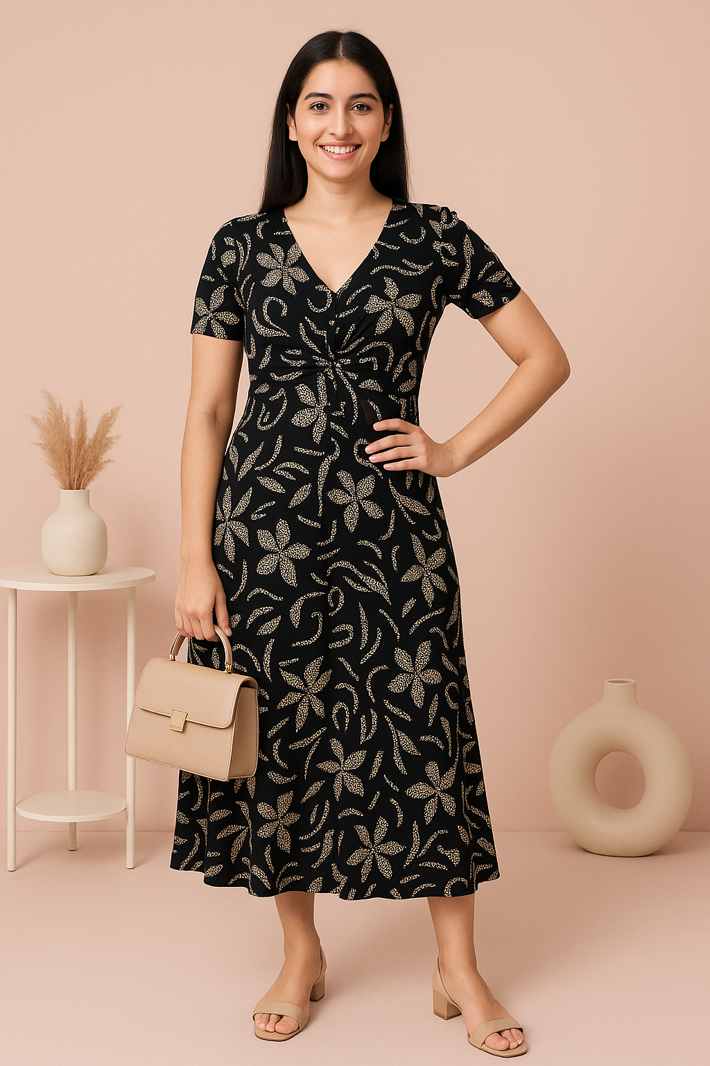 Black & Beige Floral Printed Knot Front Midi Dress