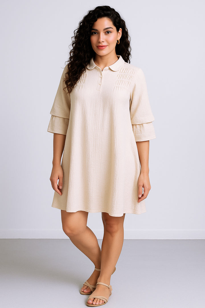 Textured Cream A-Line Mini Shirt Dress