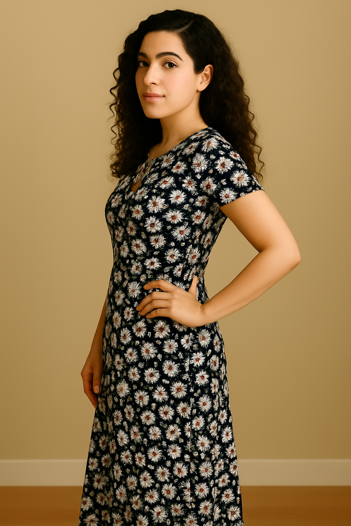 Daisy Ring Detail A-Line Dress – Navy