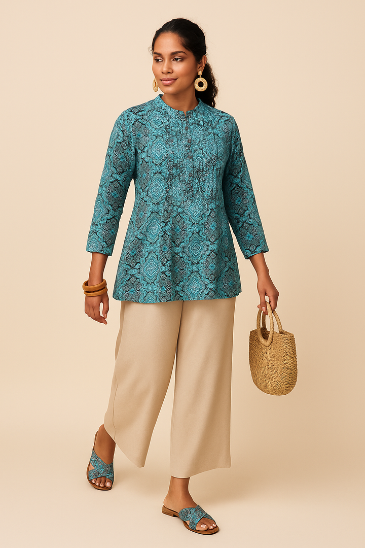 Teal Ethnic Pintuck Cotton Top