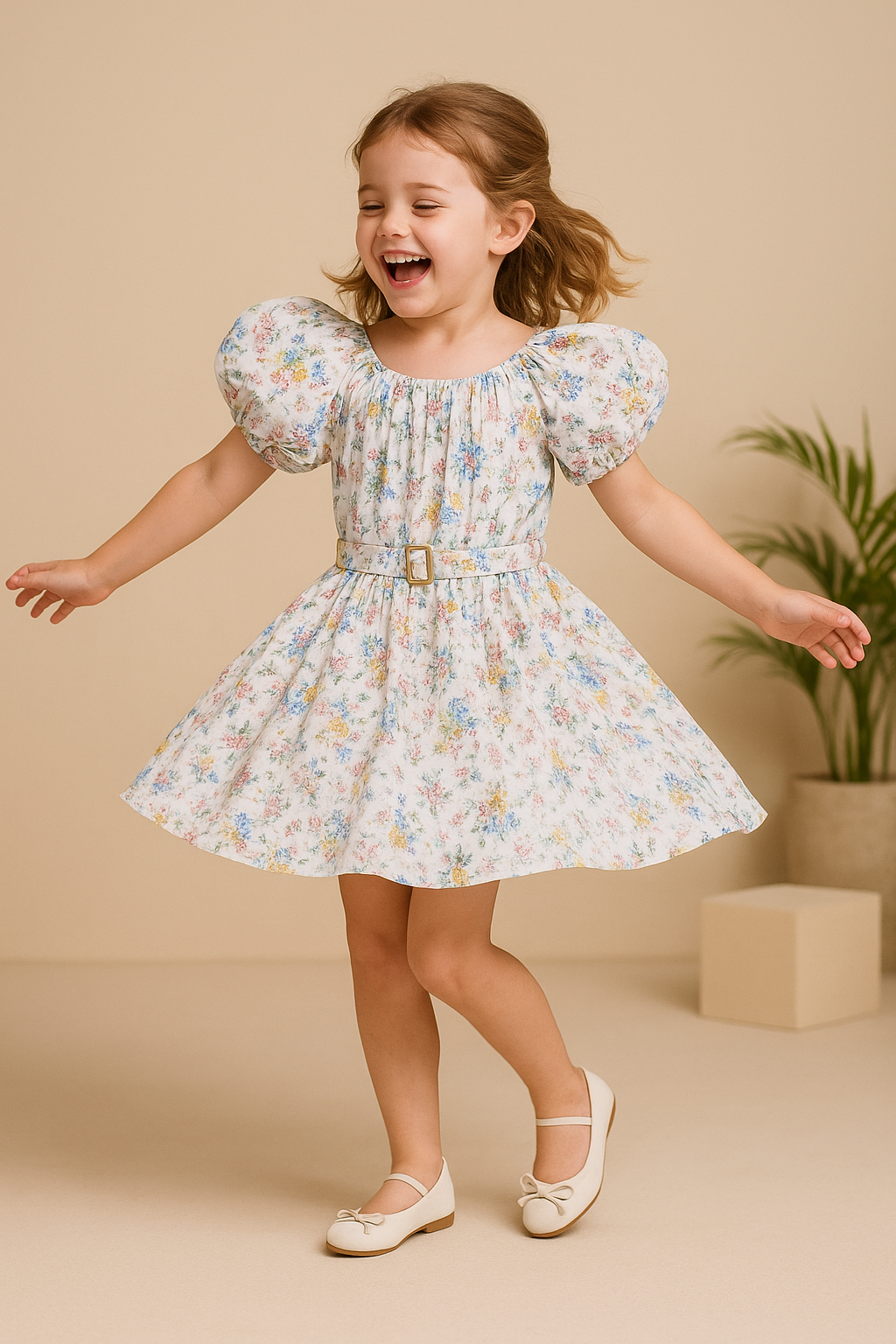 Whisper Garden – Puff Sleeve Belted Dress