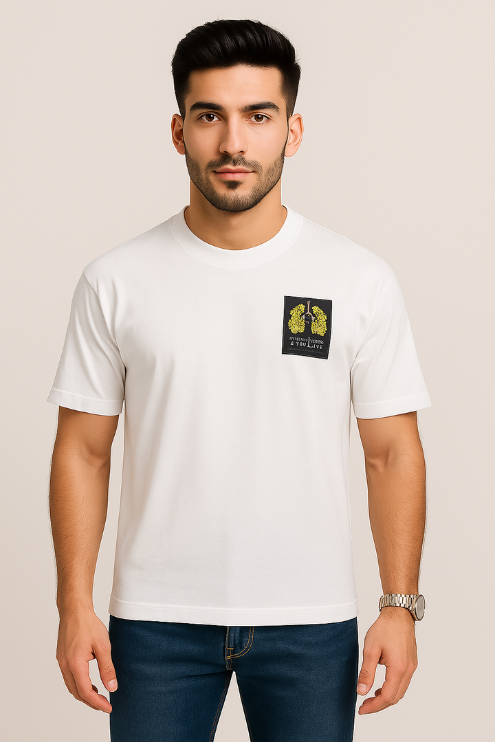 White Graphic Tee – "Leaves & Life" Eco Statement Print