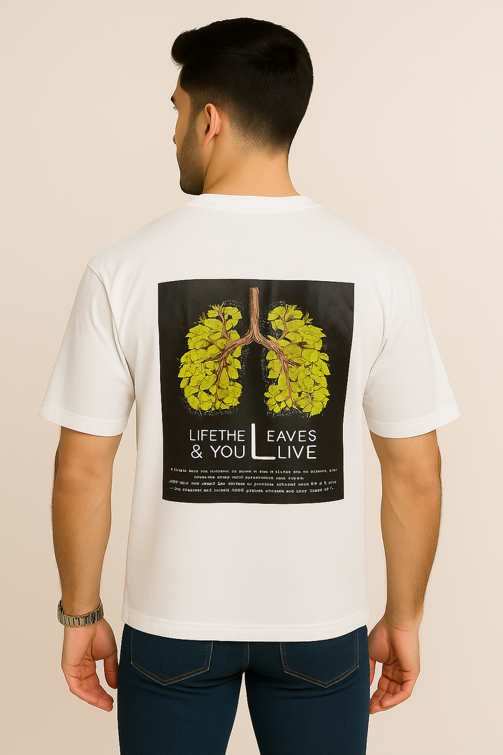 White Graphic Tee – "Leaves & Life" Eco Statement Print