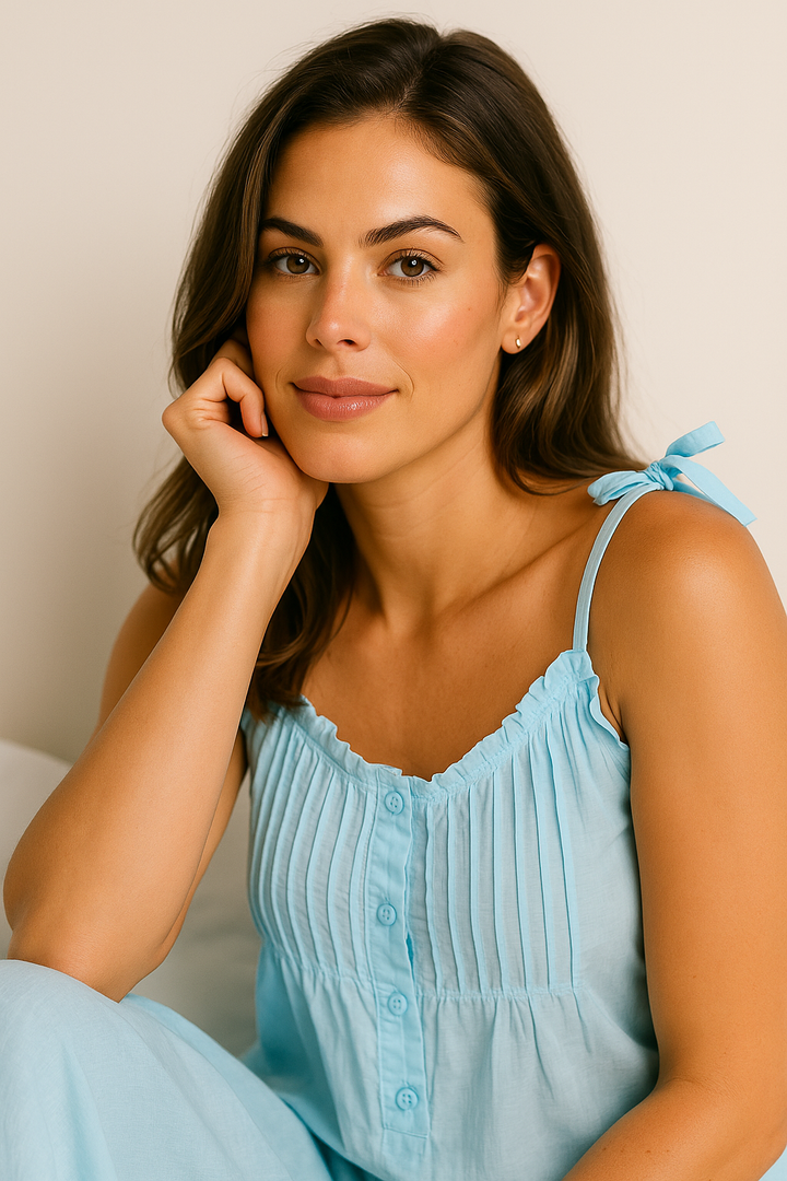 Light Blue Pleated Cotton Nightdress with Tie Straps