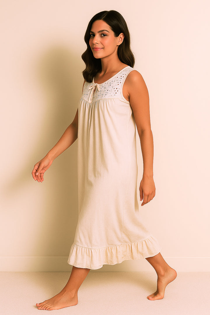 Sleeveless Beige Cotton Nightdress with Eyelet Embroidered Yoke