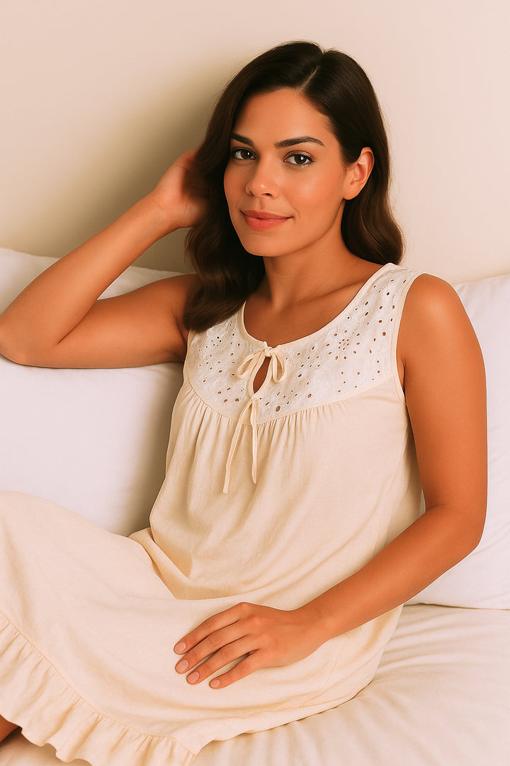 Sleeveless Beige Cotton Nightdress with Eyelet Embroidered Yoke