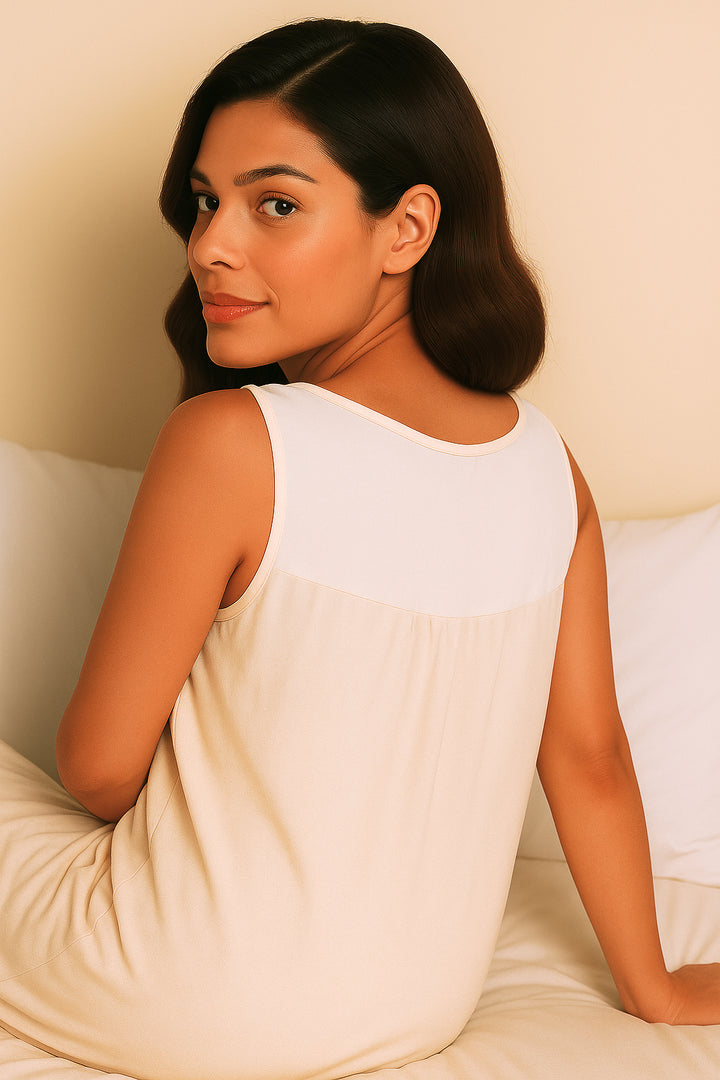 Sleeveless Beige Cotton Nightdress with Eyelet Embroidered Yoke