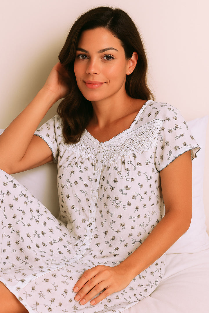 White Floral Printed Nightdress & House Coat Set with Lace Yoke