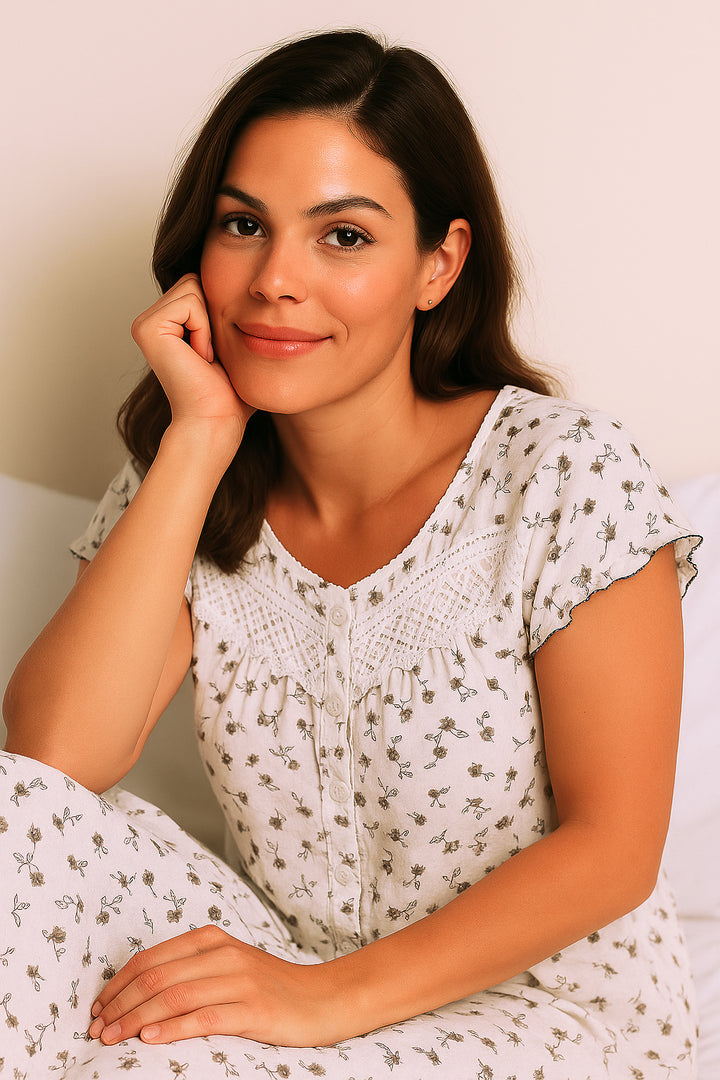 White Floral Printed Nightdress & House Coat Set with Lace Yoke