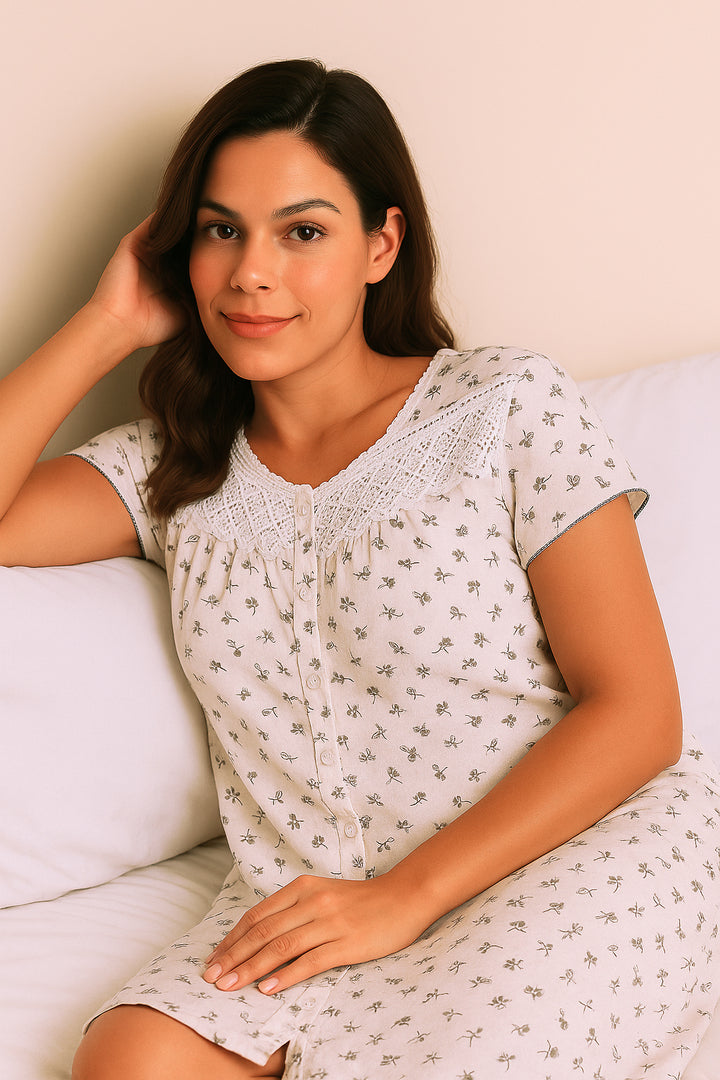 White Floral Printed Nightdress & House Coat Set with Lace Yoke