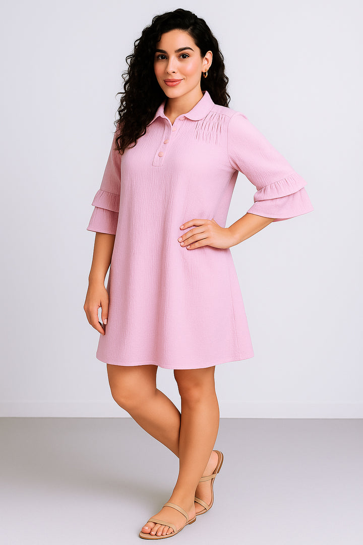 Textured Pink A-Line Mini Shirt Dress