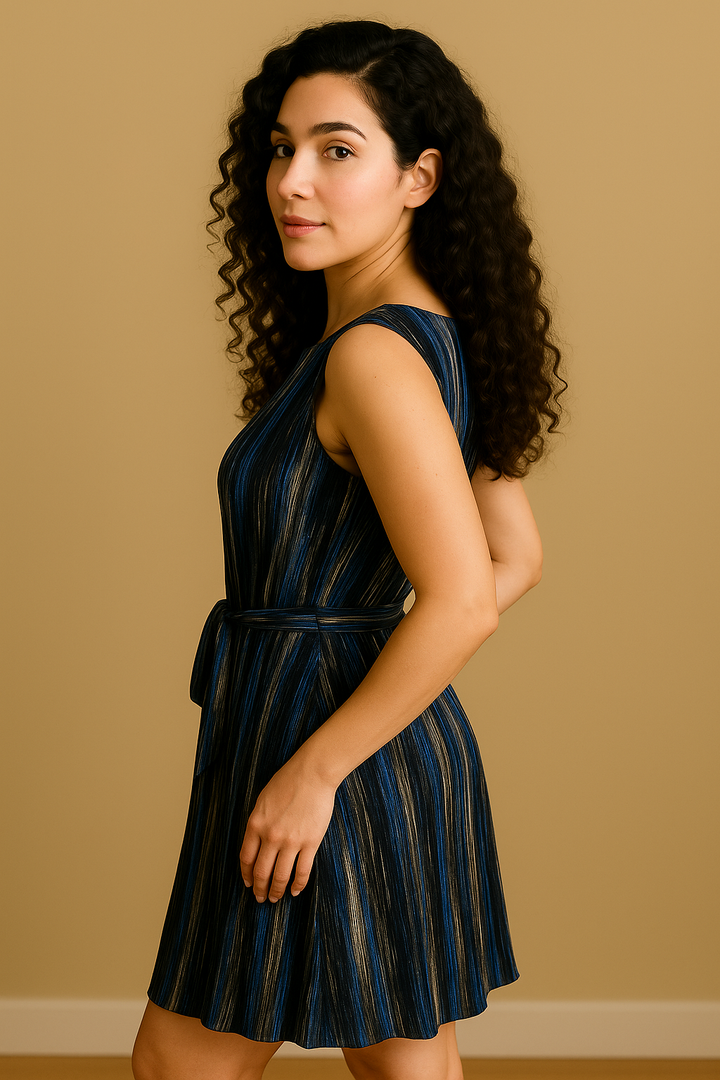 Midnight Streak Pleated Belted Dress