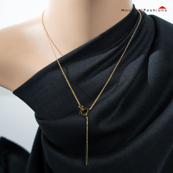 18K Gold Plated Square Link Necklace on a mannequin wearing black, showcasing its elegant square link design.