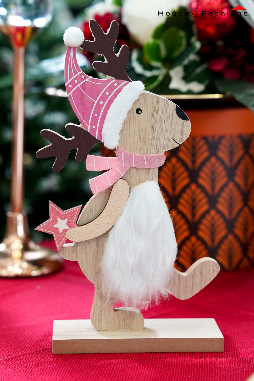Wooden Reindeer with Pink Hat & Star – Handcrafted Christmas Decoration | House of Fashions Sri Lanka