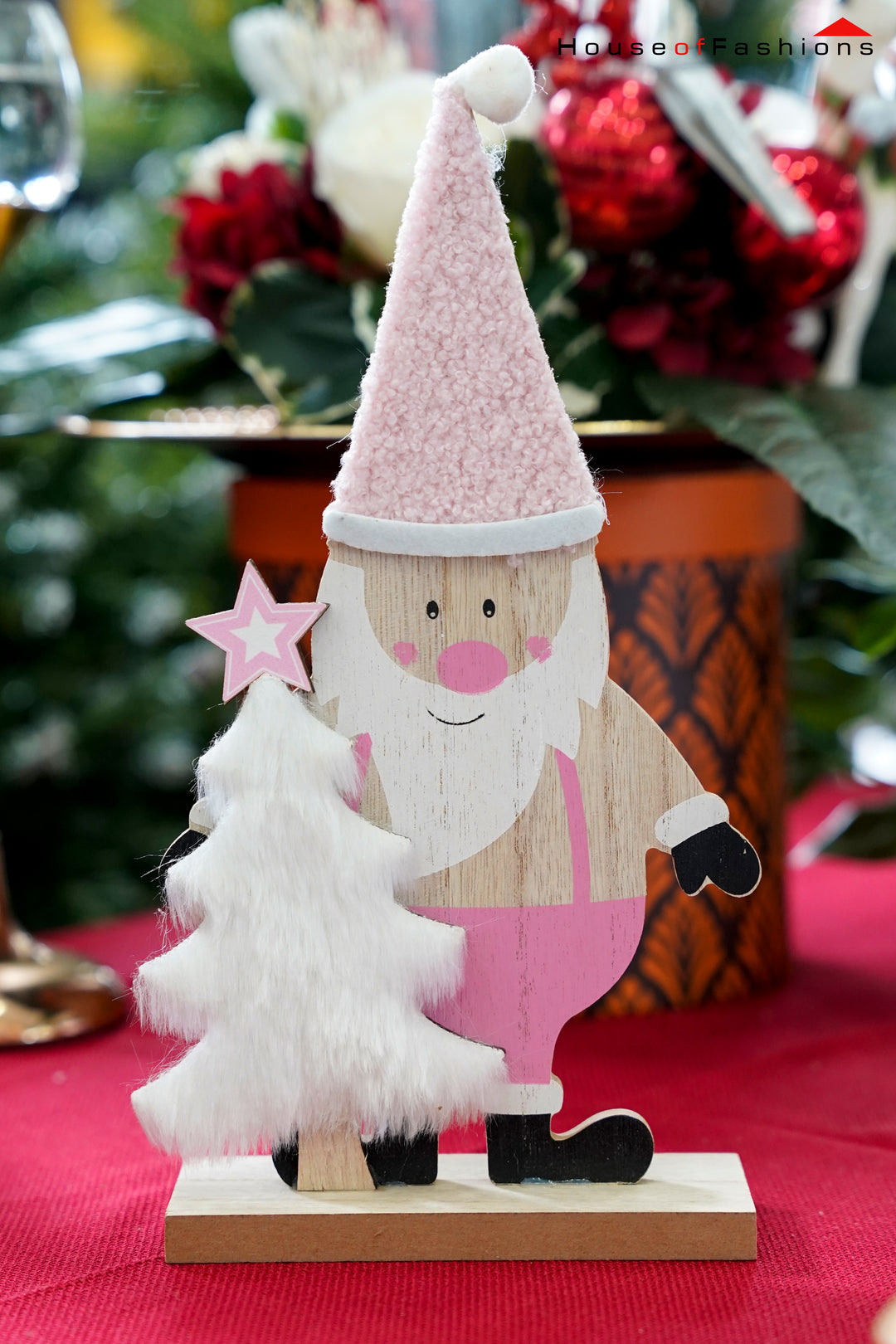 Wooden Santa with Christmas Tree – Handcrafted Pink Christmas Decoration | House of Fashions Sri Lanka