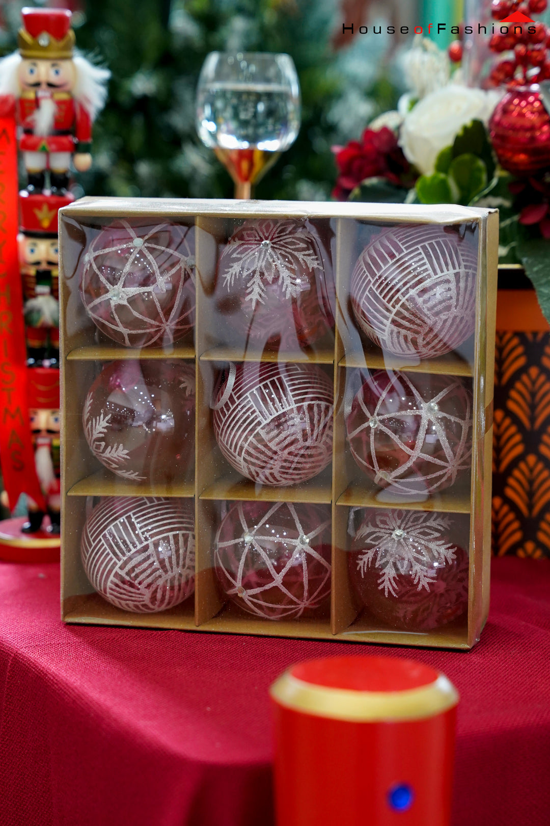 Red Christmas Ball Ornament Set with Silver Glitter Design – 9-Piece Decorative Baubles | House of Fashions Sri Lanka