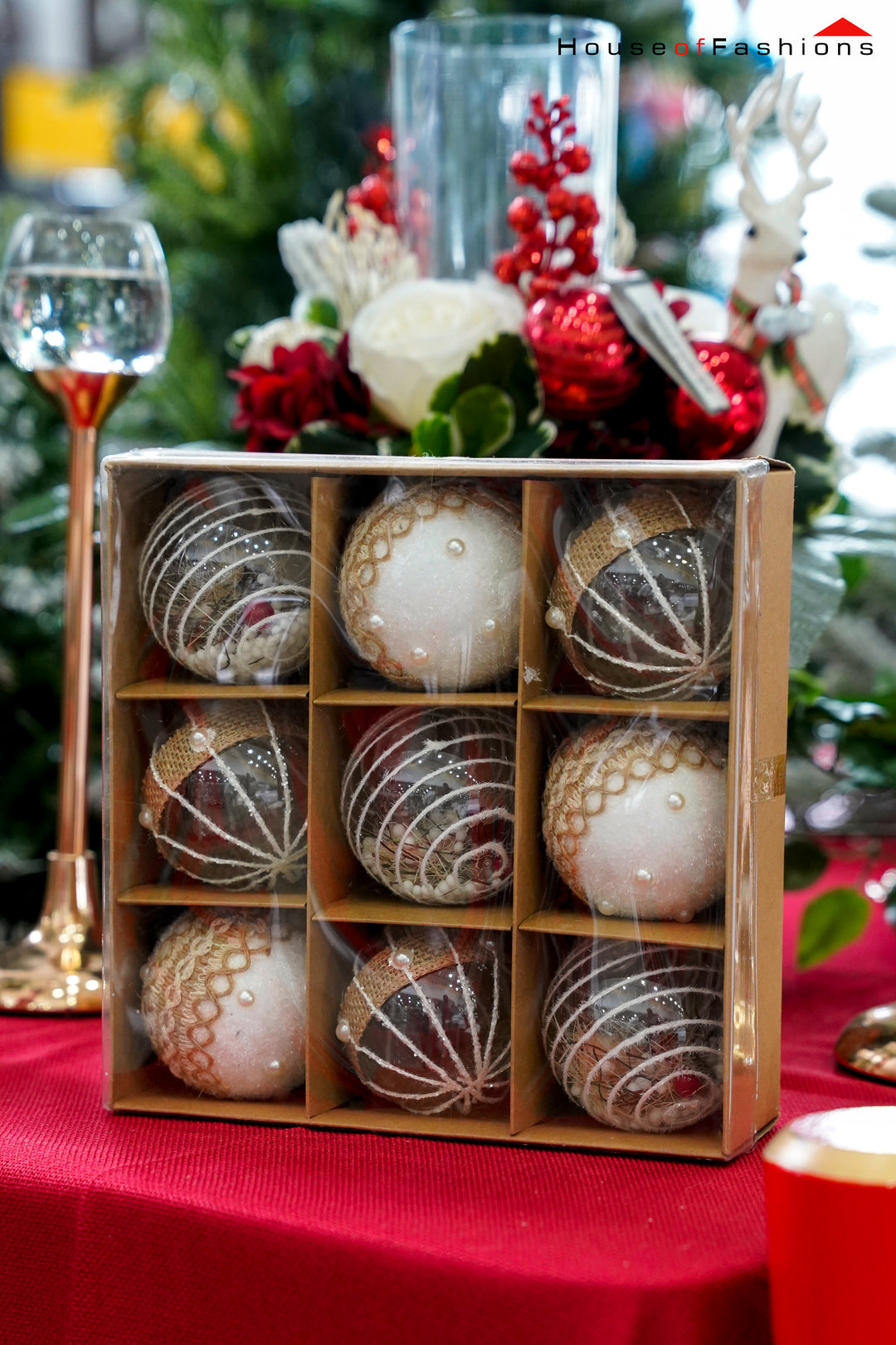 Pearl & Burlap Christmas Ball Ornament Set – 9-Piece Rustic Luxury Decorations | House of Fashions Sri Lanka