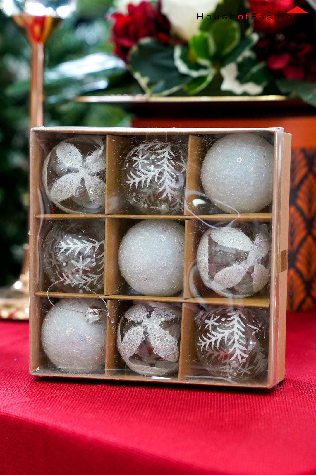 White Frosted Christmas Ball Ornament Set – 9-Piece Elegant Decorative Baubles | House of Fashions Sri Lanka