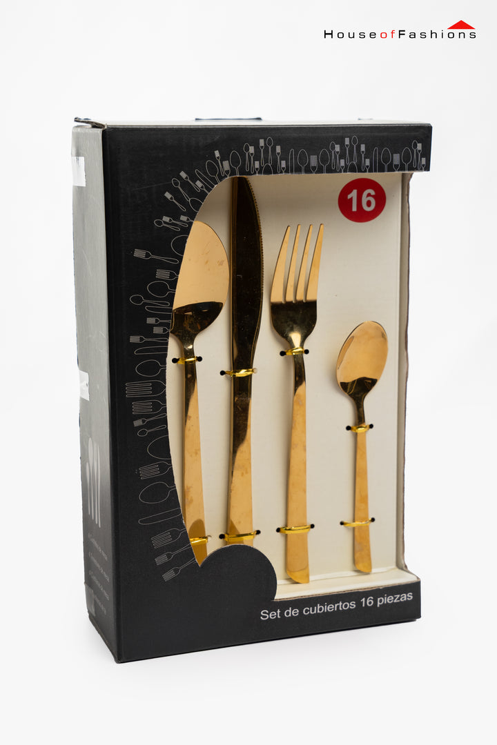 16-Piece Stainless Steel Cutlery Set – Premium Tableware for Sri Lankan Homes in polished gold finish displayed in box.