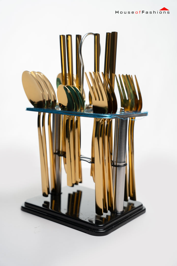24-Piece Stainless Steel Cutlery Set – German Craftsmanship & Elegant Design in gold with stand for dining use