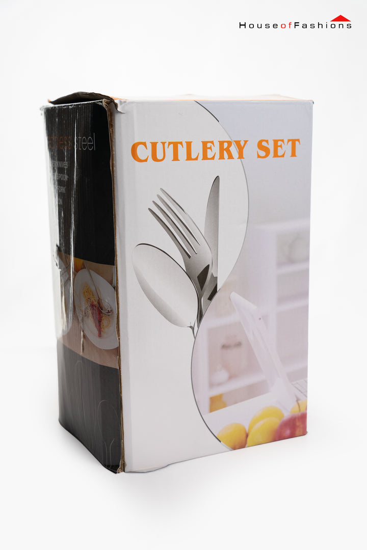 24-Piece Stainless Steel Cutlery Set – German Craftsmanship & Elegant Design in branded packaging box with utensils image.