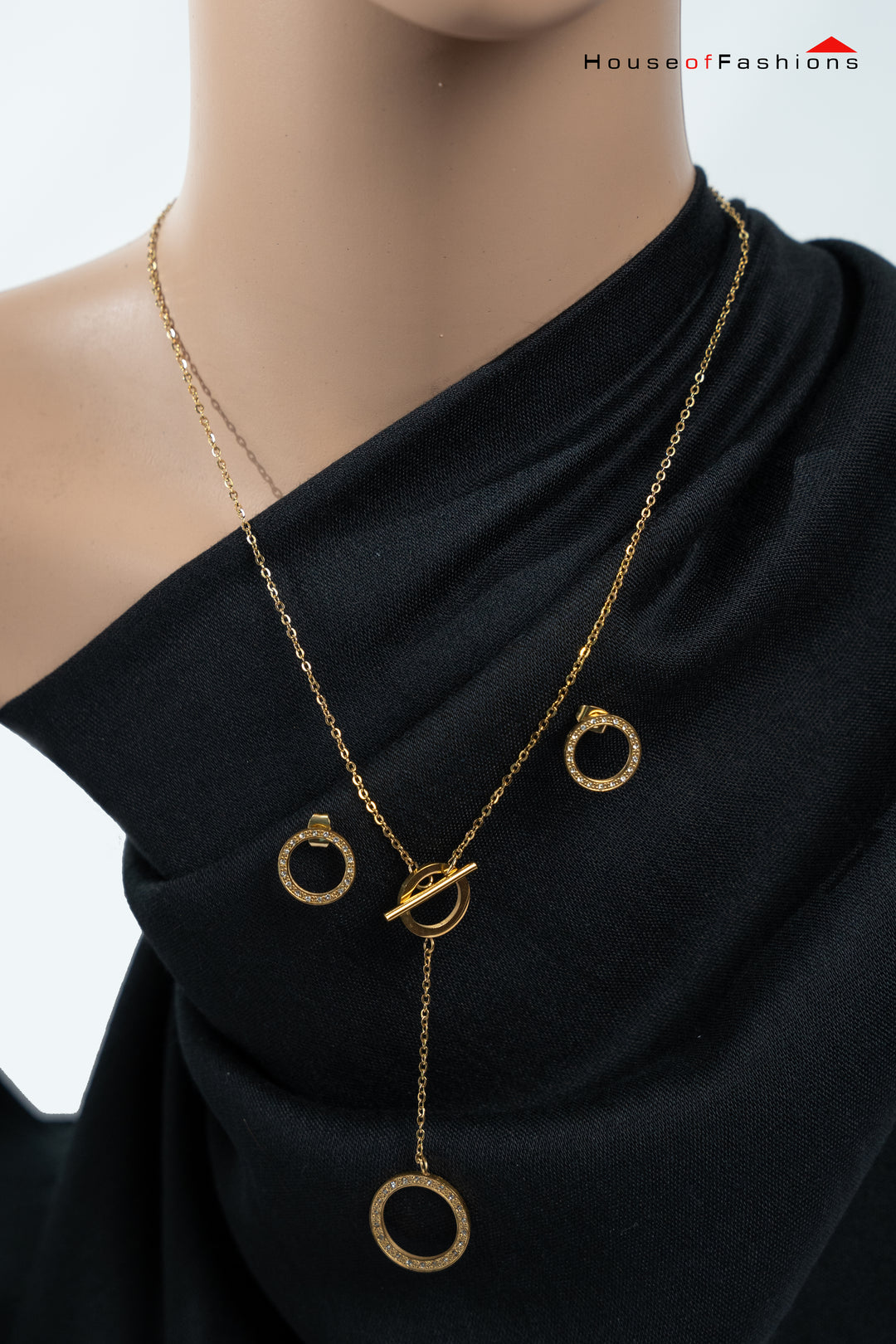 3-Piece 18K Gold Plated Jewelry Set with circle necklace and earrings featuring sparkling cubic zirconia inlays.