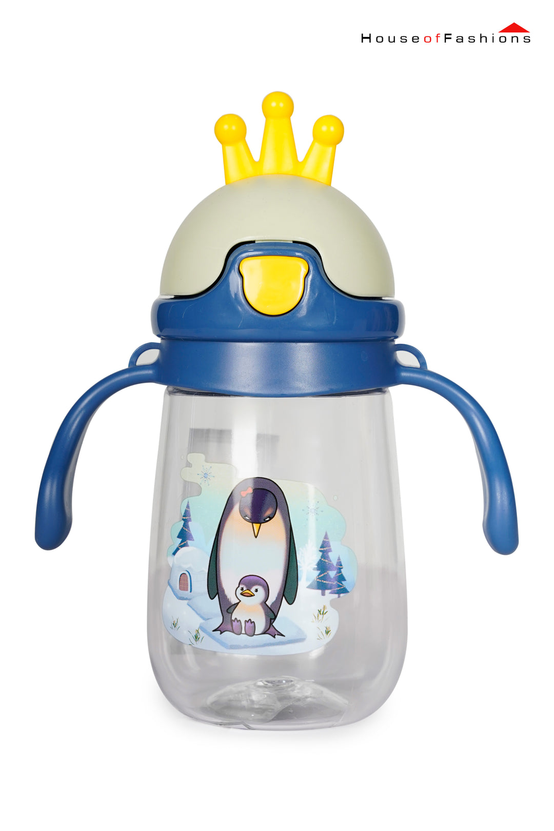 350ml Toddler Drinking Cup with Straw and Handle, transparent water bottle with penguin print and yellow crown lid