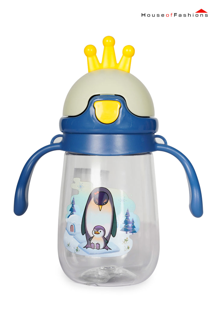 350ml Toddler Drinking Cup with Straw and Handle, transparent water bottle with penguin print and yellow crown lid