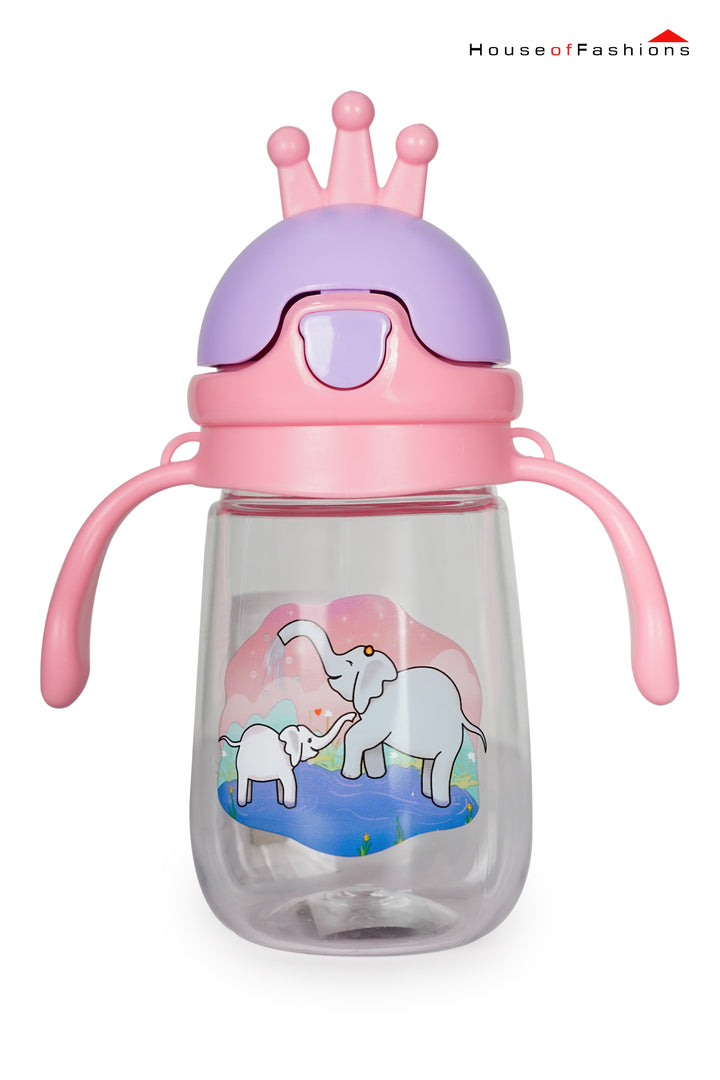 350ml Toddler Drinking Cup with Straw and Handle, transparent with elephant print, leakproof and kid-friendly design.