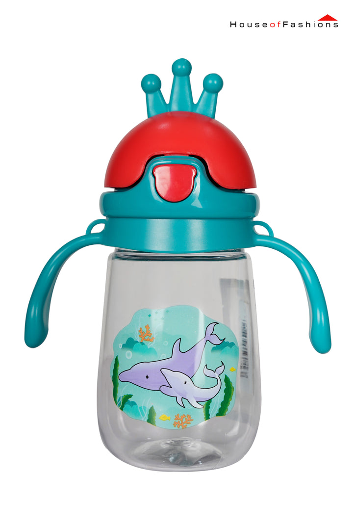 350ml Toddler Drinking Cup with Straw and Handle, transparent leakproof water bottle featuring dolphin print and crown lid.