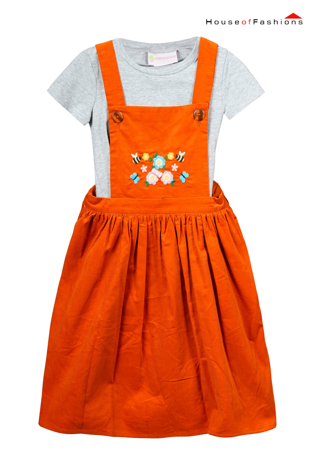 100% Cotton Sleeveless Frock With Half Sleeves Top Floral Embroidery - Orange knee-length frock with embroidery