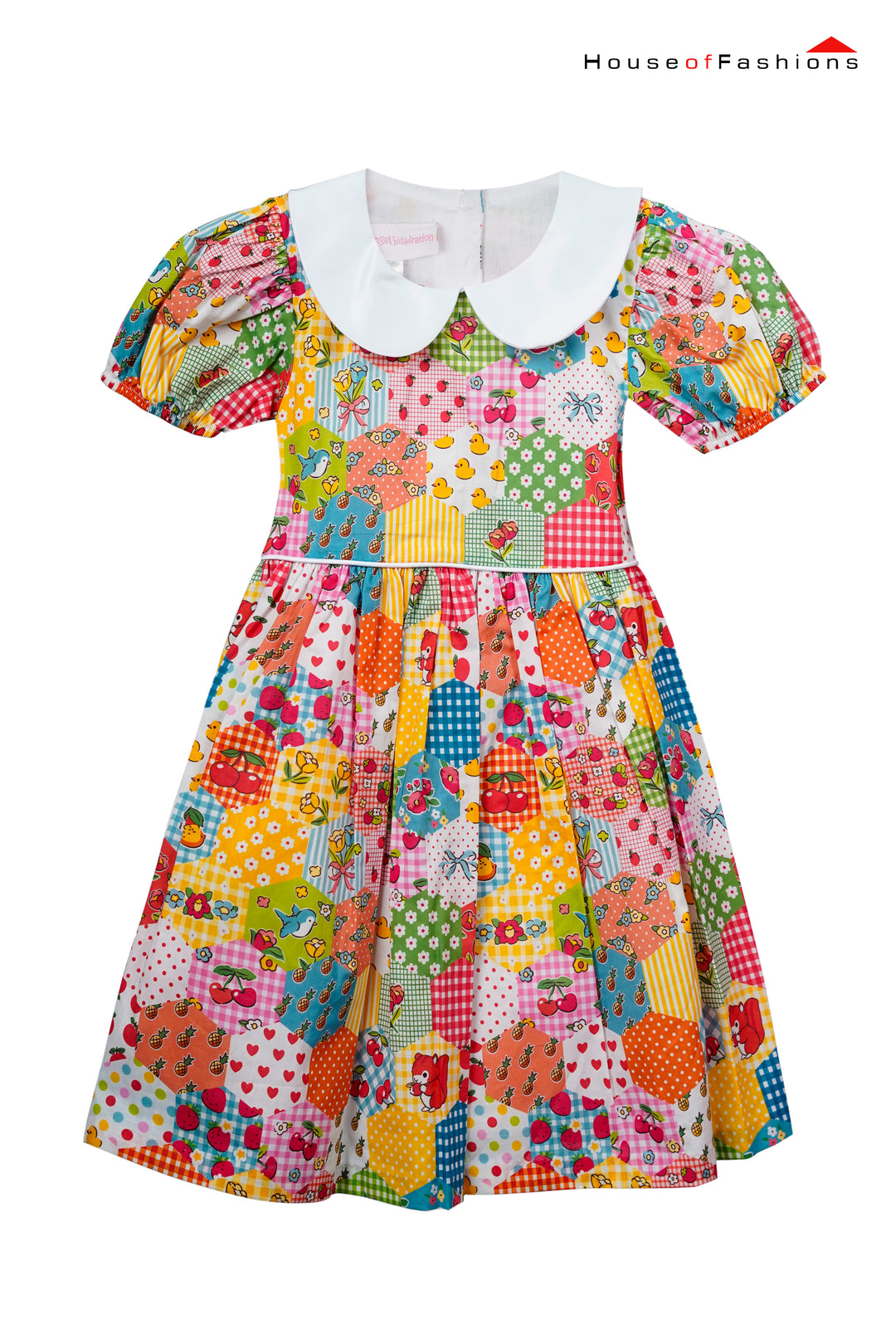 Baby Girl Patchwork Print Peter Pan Collar Puff Sleeve Dress