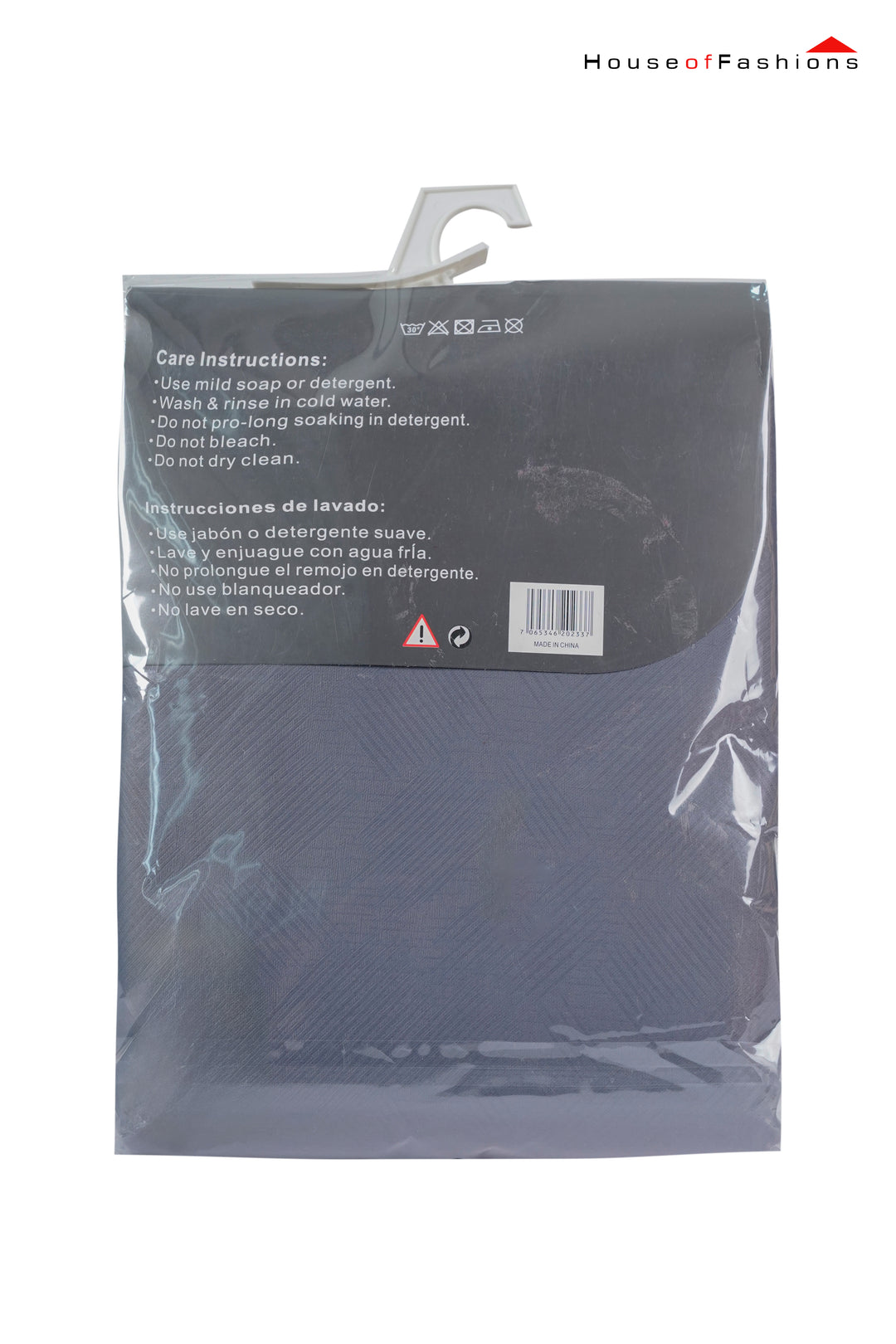 100% Blackout Curtains for Bedroom grey panel in packaging with care instructions and product label visible